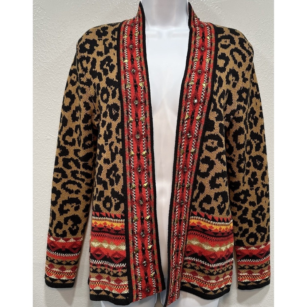 Ruby Rd. Cardigan Women's Size PS Leopard Print Open Sweater Embellished Borders